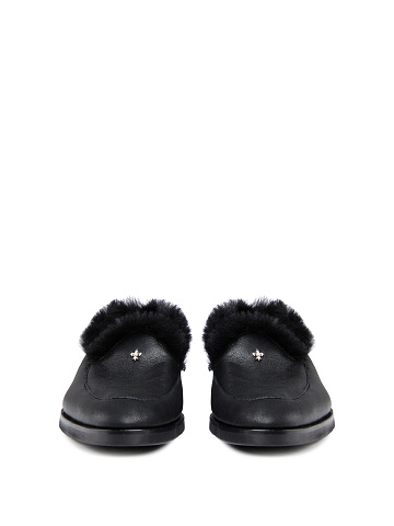 Black Leather Fur Trimmed Loafers, 2