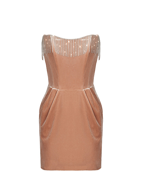 Beige Velvet Fringed Mini Dress, 1 Beige Velvet Fringed Mini Dress, 1