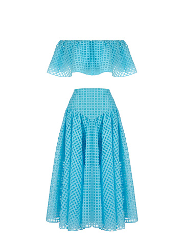Blue Checked Chiffon Top & Midi Skirt, 1