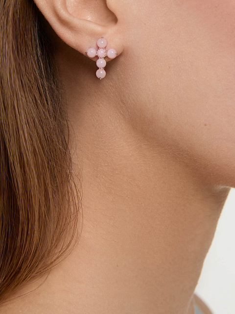 White gold stud earrings in the shape of crosses with pink opal, 5 White gold stud earrings in the shape of crosses with pink opal, 5