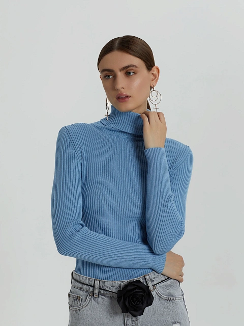 Dark Blue Rib Knit Jersey Turtleneck, 2 Dark Blue Rib Knit Jersey Turtleneck, 2