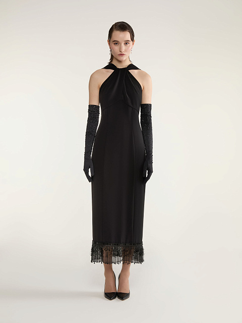 Black Off Shoulder Midi Dress with Fringe, 3 Black Off Shoulder Midi Dress with Fringe, 3