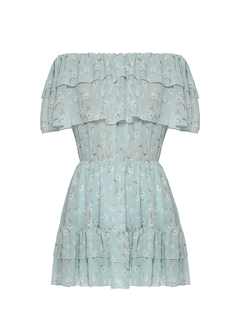 Light Blue Flower Printed Off Shoulder Mini Dress, 1