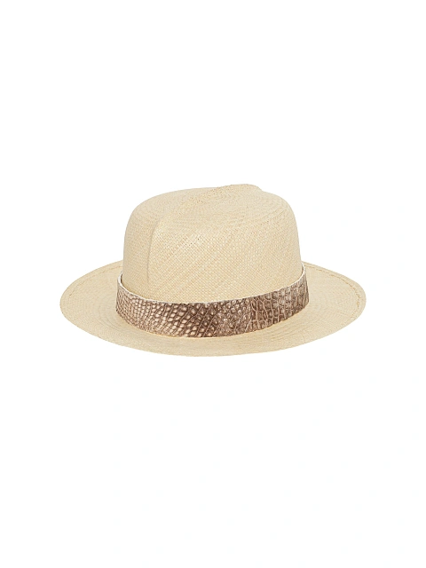 Himalayan Crocodile Leather Trimmed Straw Hat, 3