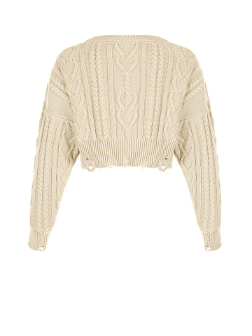Light Beige Cotton Cropped Cable Knit Sweater, 2