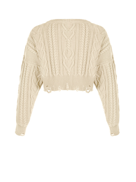 Light Beige Cotton Cropped Cable Knit Sweater, 2