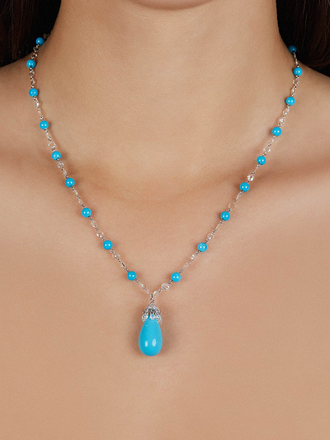 Necklace with pendant in white gold with turquoise and diamonds, 2