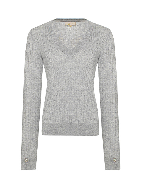 Grey Braided Cashmere V-neck Sweater, 1