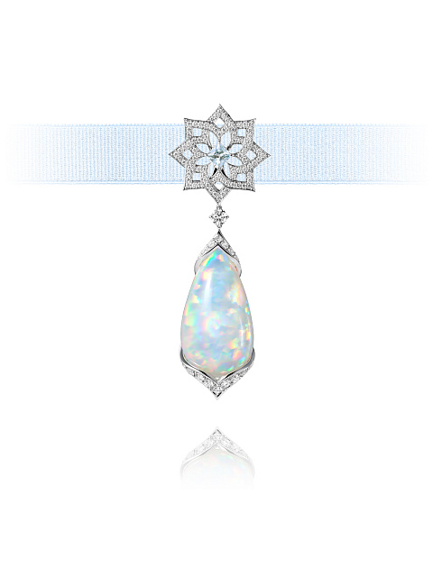 White Gold, Opal, Aquamarine & Round-cut Diamonds Pendant, 1