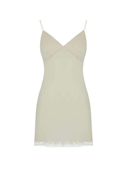 Beige Fringed Lace Cotton Wrap Mini Dress, 3