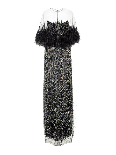 Black Mesh Maxi Dress With Feathers And Crystals, 2
