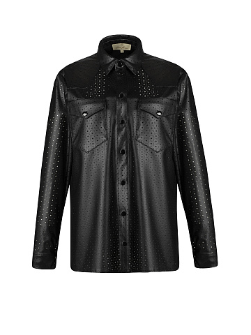 Black Perforated Faux Leather Shirt, 1
