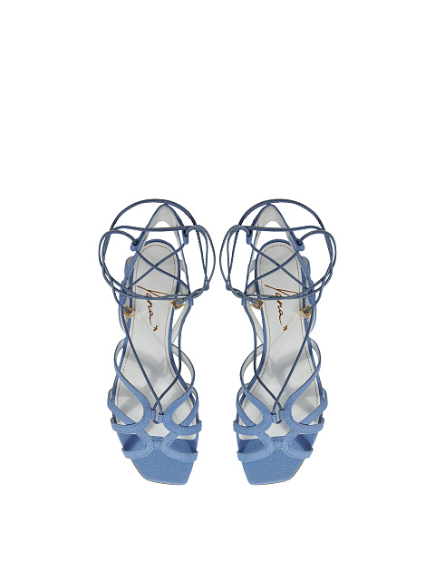 Light Blue Denim Lace Up Heeled Sandals, 4