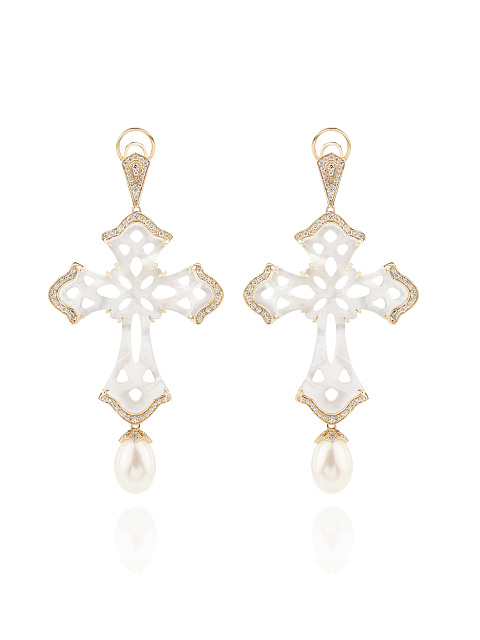 Yellow gold earrings with mother-of-pearl crosses, 1 Yellow gold earrings with mother-of-pearl crosses, 1
