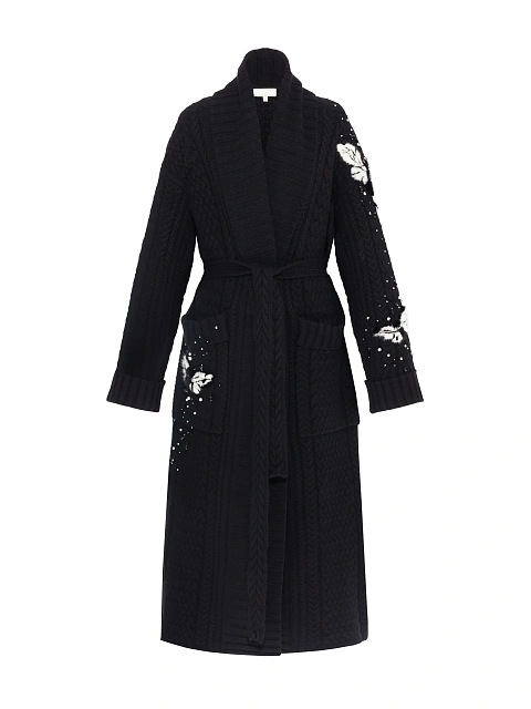 Black Mink Fur Trim Cashmere Knitted Coat, 1