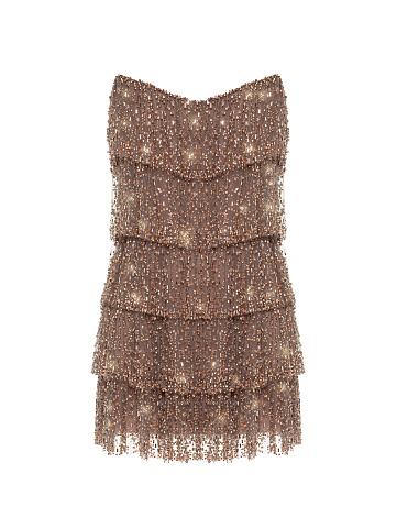 Beige Ruffles & Rhinestones Mini Dress, 1
