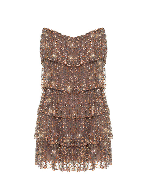 Beige Ruffles & Rhinestones Mini Dress, 1