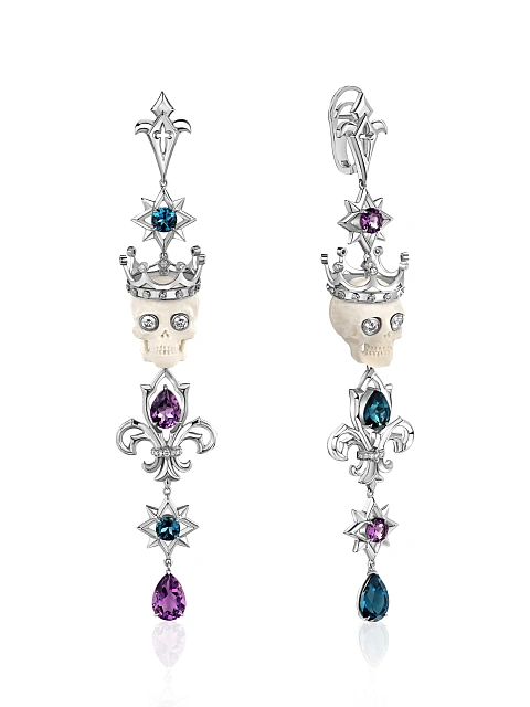 White Gold, Amethyst & Topaz Skull Earrings, 1