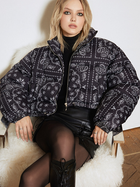 Black cropped down jacket with paisley pattern, 17