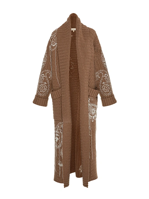 Brown cable knit coat with embroidery, 3