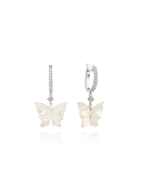 White gold earrings with butterflies carved from mother-of-pearl, 1 White gold earrings with butterflies carved from mother-of-pearl, 1