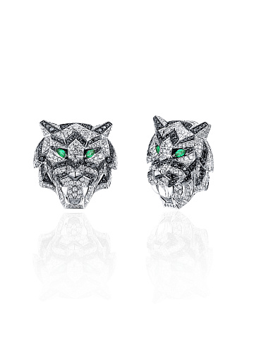 Black Round Diamond, Marquise Emerald & White Gold "Tiger" Earrings, 1