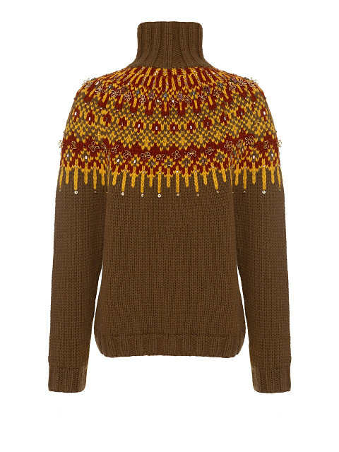 Khaki Cashmere Sweater With Pattern And Embroidery, 2