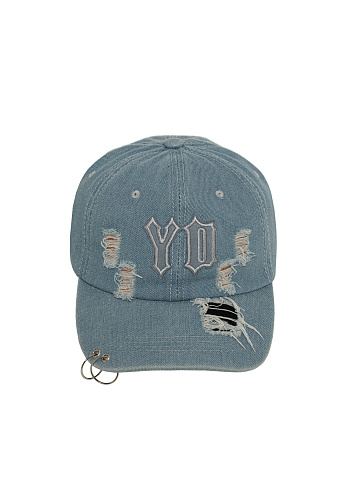 Light Blue Distressed Denim YD Cap With Rings, 2