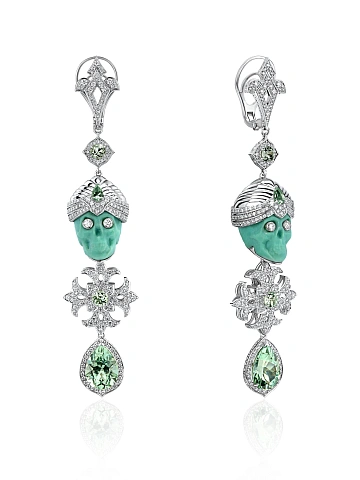 White gold skull earrings with carved turquoise, tourmalines and diamonds, 1