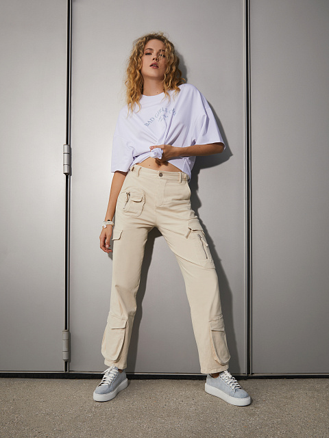 Beige Cotton Cargo Pants, 2