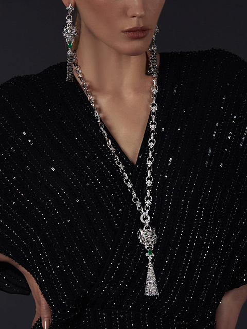 White Gold Emerald & Diamond Tiger Tassel Earrings, 4