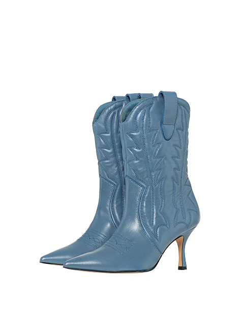 Light Blue Leather High Heel Cowboy Boots, 1
