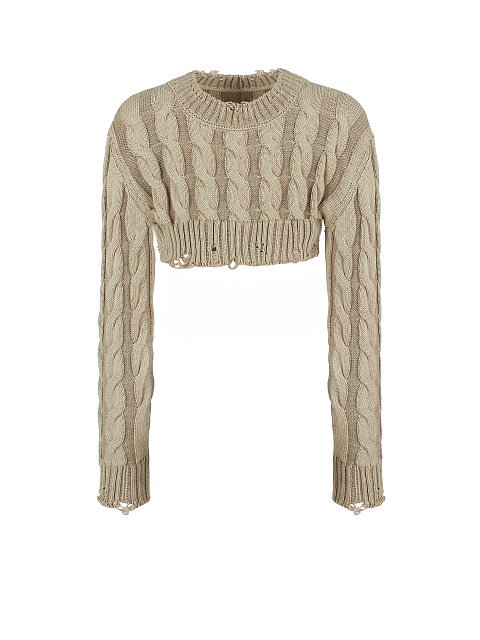 Beige Distressed Cable Knit Super Cropped Sweater, 1
