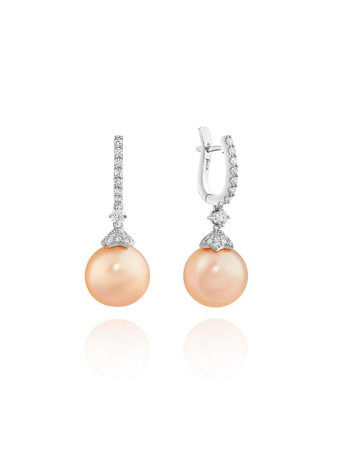 White gold earrings with diamonds and peach pearls, 1