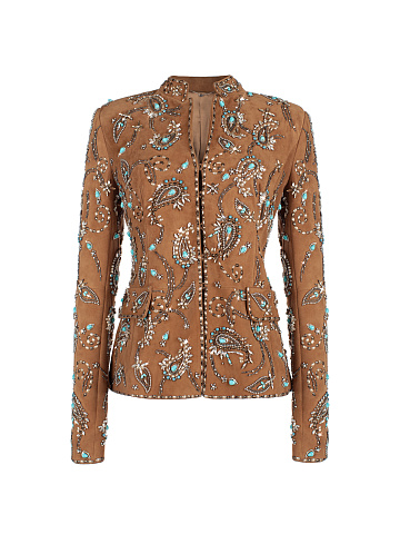 Brown Suede Embroidered Blazer, 1