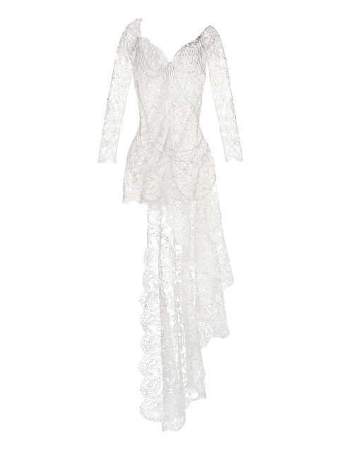 White Lace-Paneled Pearl-Embellished Dress, 1
