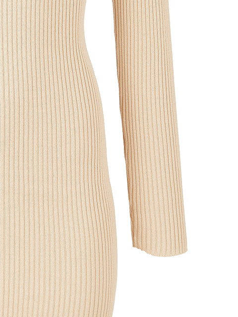 Beige Green Rib Knit Turtleneck Mini Dress, 3