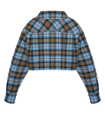 Blue Checked Cropped Faux Fur Lined Shirt, 2