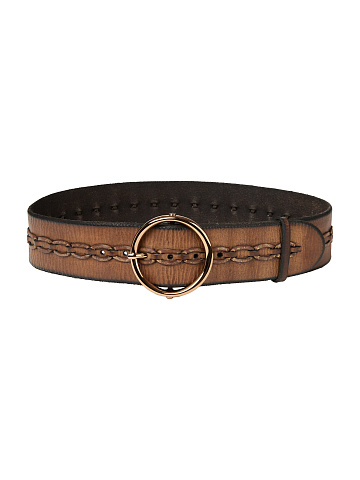 Brown Leather Round Buckle Wide Belt, 1