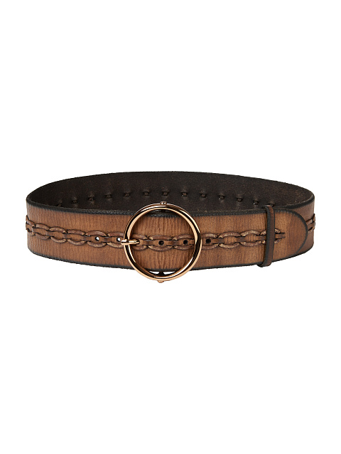Brown Leather Round Buckle Wide Belt, 1