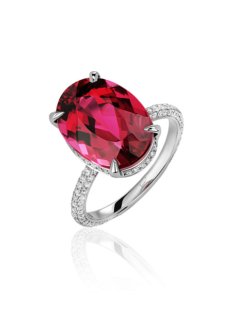 Round Diamond & Oval Rubellite & White Gold Ring , 1