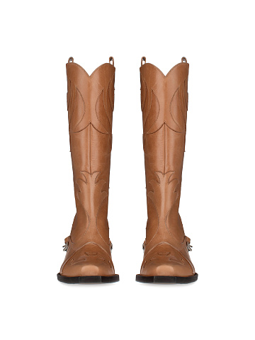 Dark Beige Leather Embroidered Cowboy Boots, 2