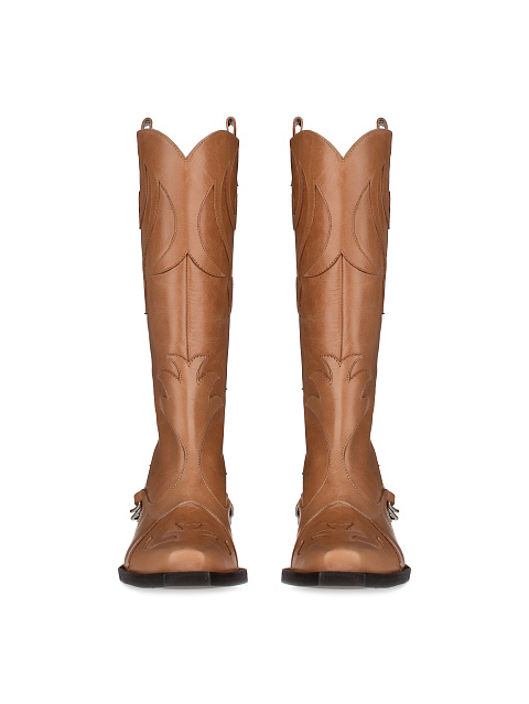 Dark Beige Leather Embroidered Cowboy Boots, 2