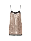 Платье-сорочка мини, светло-розовое в пайетках, черное кружево