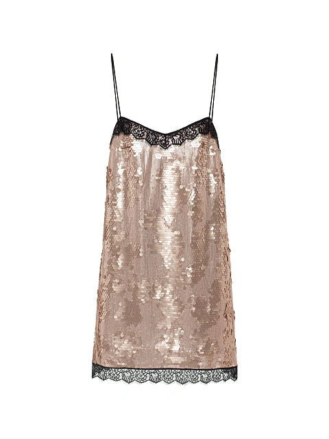 Light Pink Lace Trim Sequin Mini Dress, 1