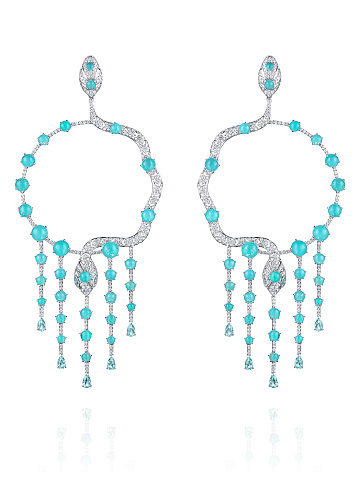 White Gold & Paraiba Tourmalines Snake Hoop Earrings, 1
