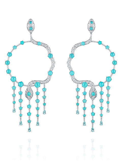 White Gold & Paraiba Tourmalines Snake Hoop Earrings, 1