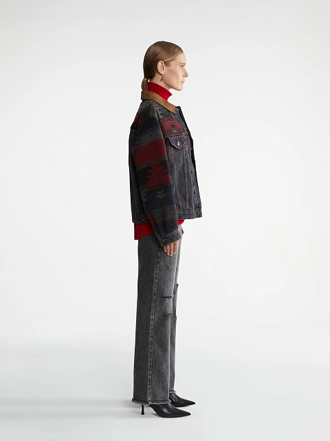 Grey Wool & Suede Trim Denim Jacket, 5