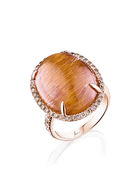 Yellow gold ring with rutilated quartz and yellow diamonds, 1