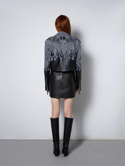 Grey Leather Trim Denim Biker Jacket, 8